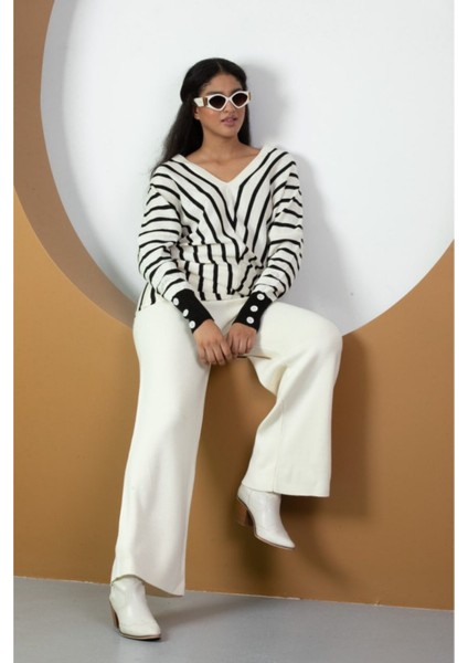 Kadın Çizgili V Yaka Triko Tunik Standart Beden 21004 fiyatları