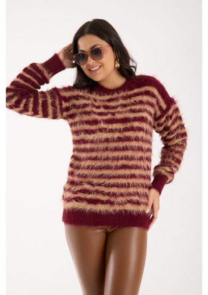 Kadın Bordo-Bej Sakal Iplik Çizgili Bisiklet Yaka Triko Kazak
