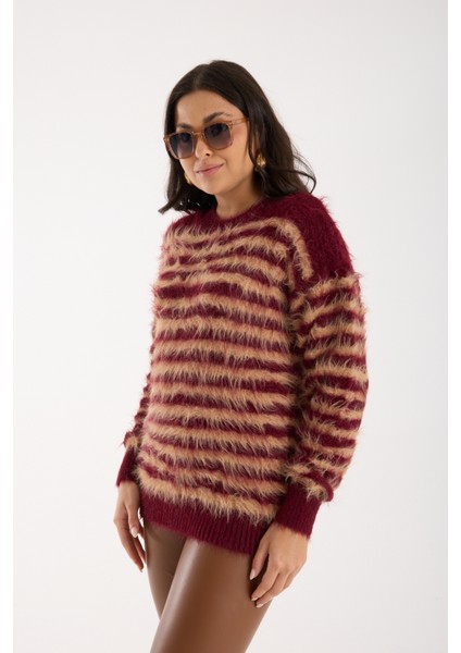 Kadın Bordo-Bej Sakal Iplik Çizgili Bisiklet Yaka Triko Kazak fiyatları