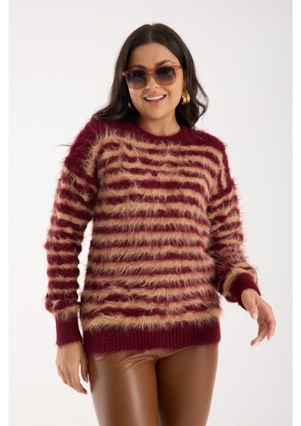 Kadın Bordo-Bej Sakal Iplik Çizgili Bisiklet Yaka Triko Kazak modelleri
