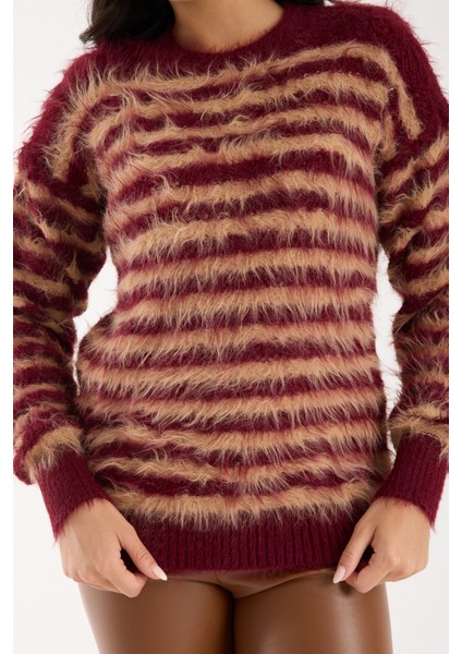 Kadın Bordo-Bej Sakal Iplik Çizgili Bisiklet Yaka Triko Kazak fırsatları