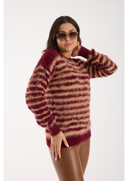 Kadın Bordo-Bej Sakal Iplik Çizgili Bisiklet Yaka Triko Kazak indirimleri