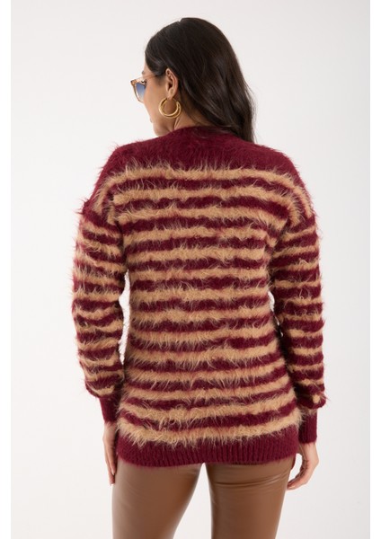 Kadın Bordo-Bej Sakal Iplik Çizgili Bisiklet Yaka Triko Kazak
