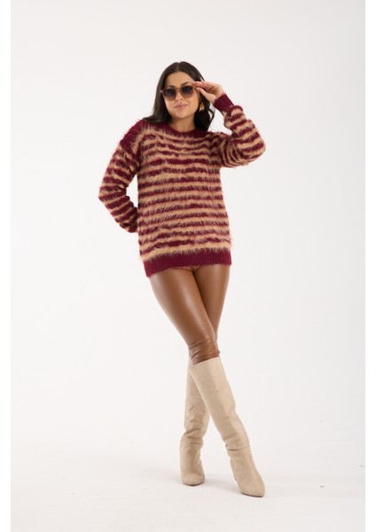 Kadın Bordo-Bej Sakal Iplik Çizgili Bisiklet Yaka Triko Kazak