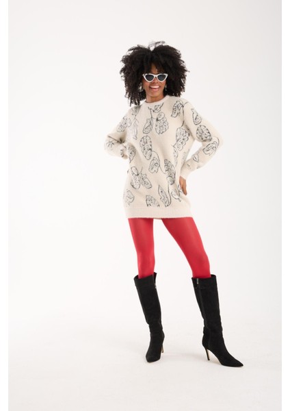 Kadın Ekru Sakal Iplik Yaprak Desenli Bisiklet Yaka Triko Bluz fiyatları