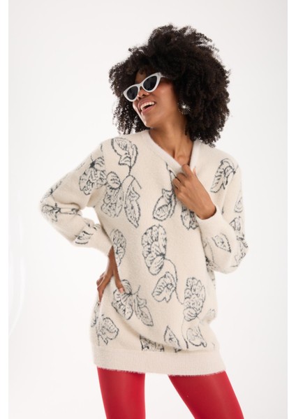 Kadın Ekru Sakal Iplik Yaprak Desenli Bisiklet Yaka Triko Bluz modelleri