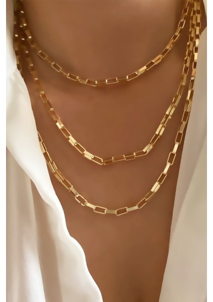 Üç Sıralı Geometrik Zincir Gold Kolye