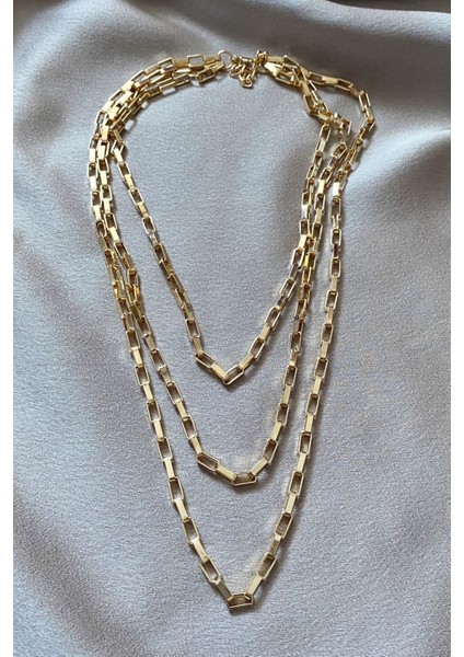 Üç Sıralı Geometrik Zincir Gold Kolye modelleri