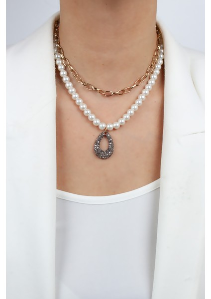 Bronz Uçlu Cam Inci ve Zincir Çift Sıralı Kolye