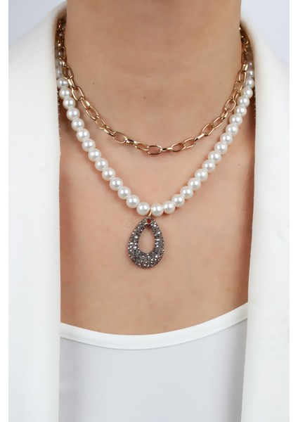 Bronz Uçlu Cam Inci ve Zincir Çift Sıralı Kolye fiyatları