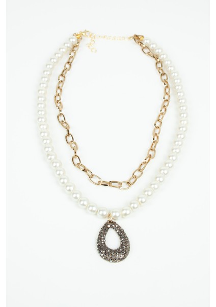 Bronz Uçlu Cam Inci ve Zincir Çift Sıralı Kolye modelleri