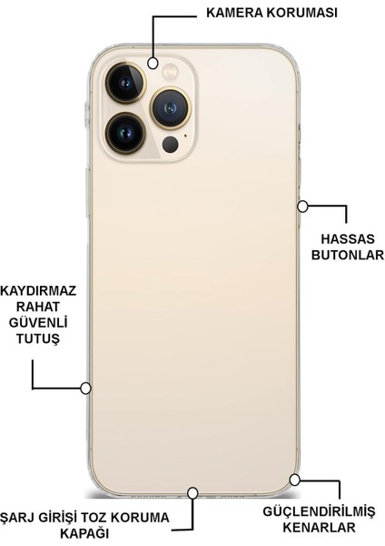 Apple iPhone 13 Pro ile Uyumlu Kapak Kamera Korumalı Şarj Yeri Tıpalı Şeffaf Silikon Kılıf modelleri