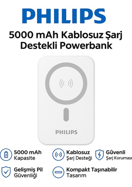 Magsafe Ile Uyumlu Kablosuz Powerbank, 5000 Mah, Taşınabilir Şarj Cihazı, Stand Özellikli, Usb-C ve Usb-A Çıkışlı, Hızlı Şarj