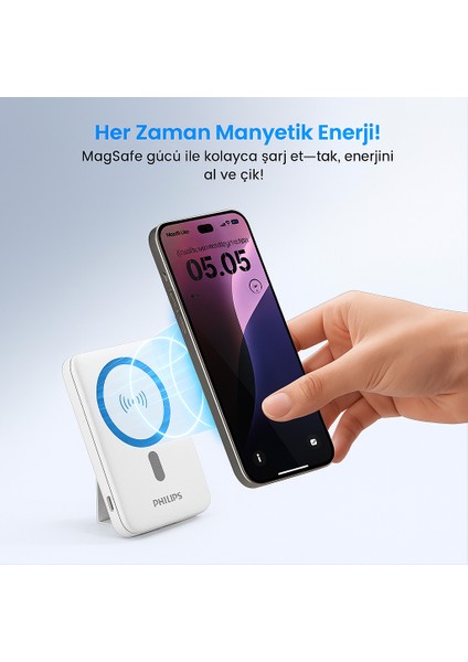 Magsafe Ile Uyumlu Kablosuz Powerbank, 5000 Mah, Taşınabilir Şarj Cihazı, Stand Özellikli, Usb-C ve Usb-A Çıkışlı, Hızlı Şarj modelleri