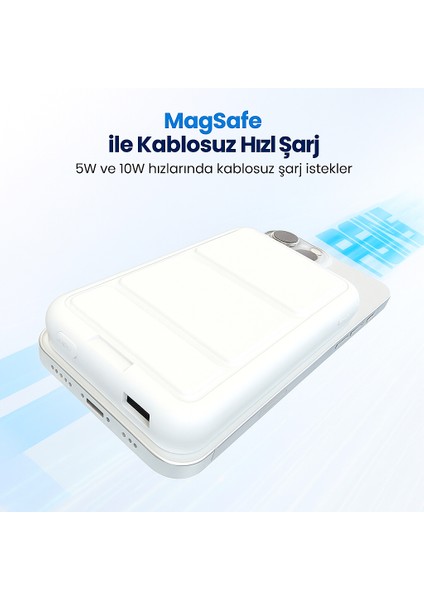 Magsafe Ile Uyumlu Kablosuz Powerbank, 5000 Mah, Taşınabilir Şarj Cihazı, Stand Özellikli, Usb-C ve Usb-A Çıkışlı, Hızlı Şarj