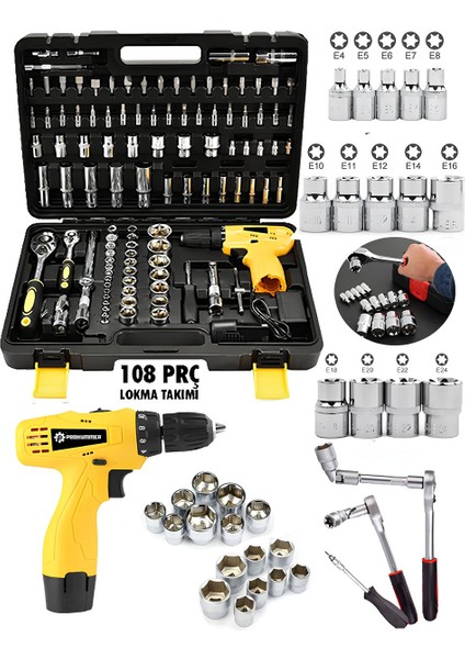 PH309 108 Parça Full Set Akülü Vidalama Matkap ve Lokma ve Uç Takım Seti Çantalı