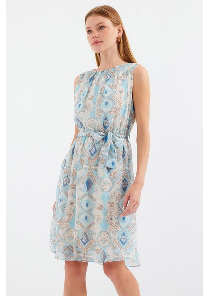 2501 Desenli Sıfır Kol Şifon Elbise - Mavi