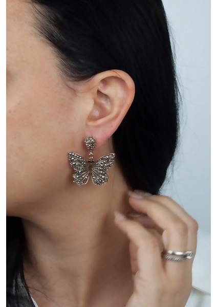 Taşlı Bronz Kelebek Küpe