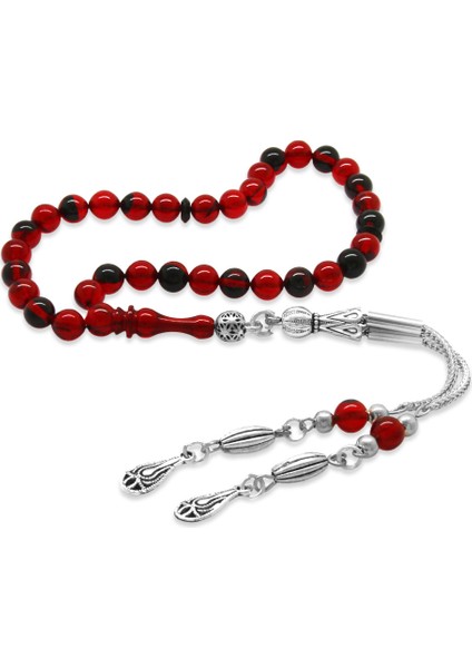 Kararmaz Metal Püsküllü Küre Kesim Bilek Boy Kırmızı Siyah Ateş Kehribar Tesbih