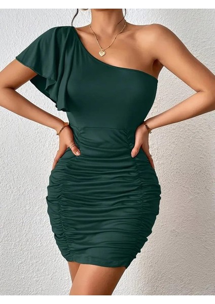 Kadın Tek Omuzu Açık Asimetrik Yaka Detaylı Büzgülü Sandy Elbise fiyatları