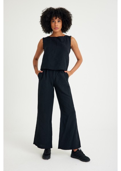 Keten Günlük Rahat Kolsuz Alt Üst Kadın Takım