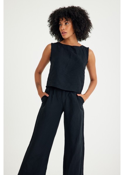 Keten Günlük Rahat Kolsuz Alt Üst Kadın Takım