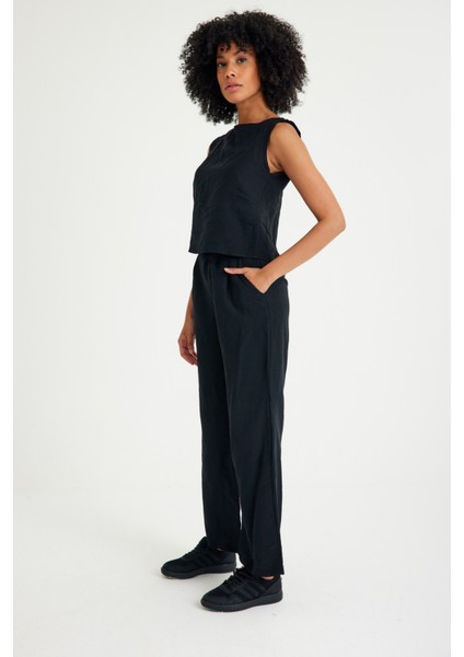 Keten Günlük Rahat Kolsuz Alt Üst Kadın Takım