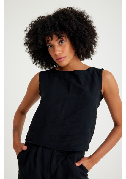 Keten Günlük Rahat Kolsuz Alt Üst Kadın Takım