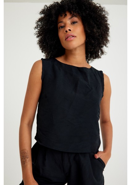 Keten Günlük Rahat Kolsuz Alt Üst Kadın Takım