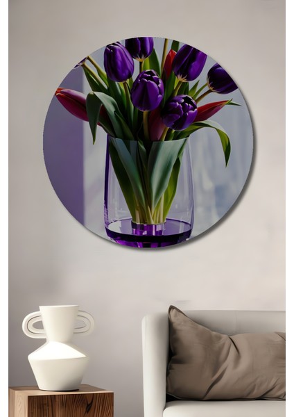 Mor Lale Buketi Yağlı Boya Görünümlü Ahşap Dekoratif Tablo Yuvarlak Tablo