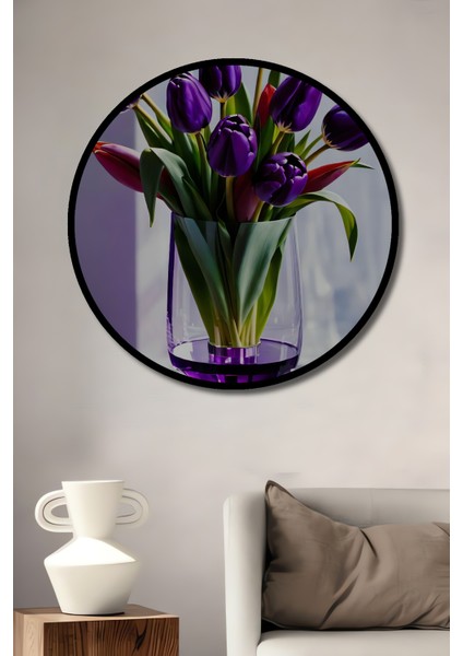 Mor Lale Buketi Yağlı Boya Görünümlü Ahşap Dekoratif Tablo Yuvarlak Tablo fiyatları