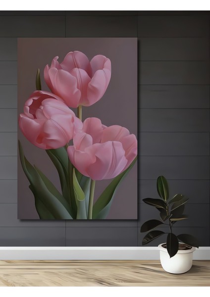 Pembe Lale Yağlı Boya Görünümlü Ahşap Dekoratif Tablo Dikdörtgen Tablo