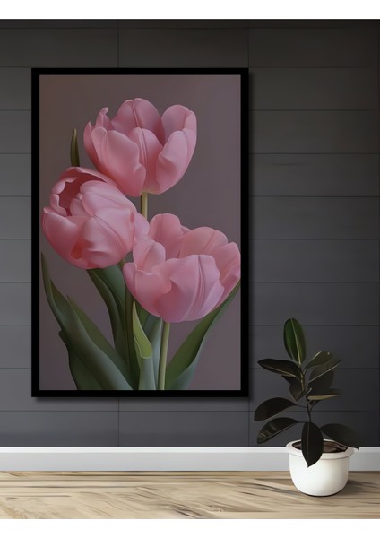 Pembe Lale Yağlı Boya Görünümlü Ahşap Dekoratif Tablo Dikdörtgen Tablo fiyatları