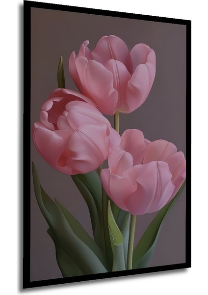 Pembe Lale Yağlı Boya Görünümlü Ahşap Dekoratif Tablo Dikdörtgen Tablo