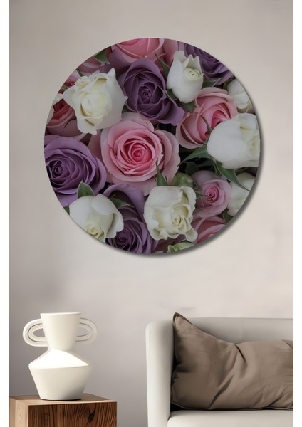 Pembe ve Mor Gül Buketi Yağlı Boya Görünümlü Ahşap Dekoratif Tablo Yuvarlak Tablo