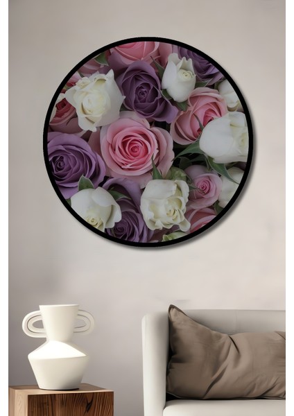 Pembe ve Mor Gül Buketi Yağlı Boya Görünümlü Ahşap Dekoratif Tablo Yuvarlak Tablo fiyatları