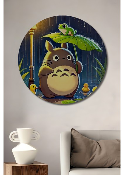 Totoro Kurbağa ve Civcivler Yağlı Boya Görünümlü Dekoratif Ahşap Tablo Yuvarlak Tablo