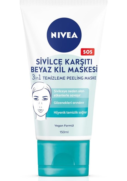 Nıvea Sivilce Karşıtı 3'ü 1 Arada Beyaz Kil Maskesi 150ML, Temizleme, Peeling, Siyah Nokta Arındırıcı, Gözenek Arındırıcı, Yüz Temizleyici, Pürüzsüzleştirici, Vegan Formül modelleri