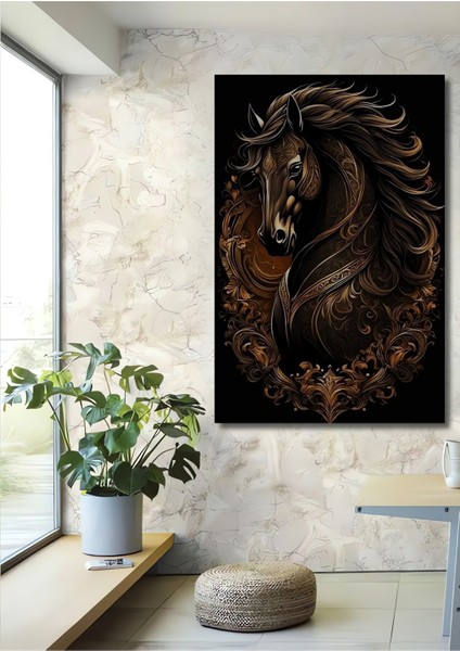 Altın Işlemeli Soyut At Figürü Yağlı Boya Görünümlü Dekoratif Ahşap Tablo Dikdörtgen Tablo