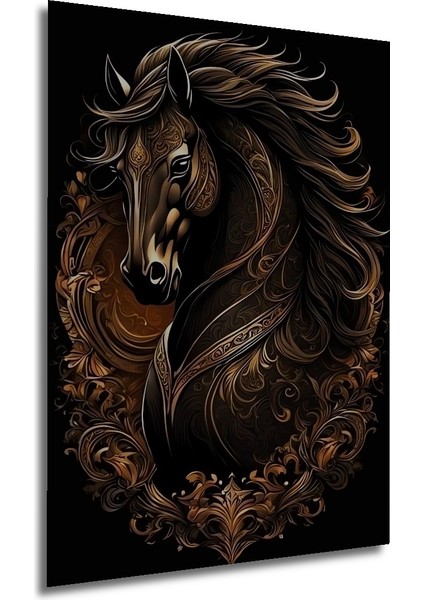 Altın Işlemeli Soyut At Figürü Yağlı Boya Görünümlü Dekoratif Ahşap Tablo Dikdörtgen Tablo fırsatları