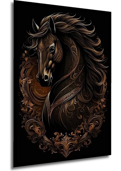 Altın Işlemeli Soyut At Figürü Yağlı Boya Görünümlü Dekoratif Ahşap Tablo Dikdörtgen Tablo