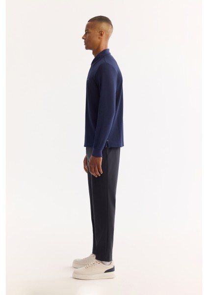 Erkek Lacivert Polo Yaka Pamuklu Basic Slim Fit Sweatshirt B001080