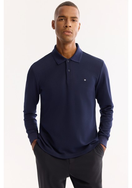 Erkek Lacivert Polo Yaka Pamuklu Basic Slim Fit Sweatshirt B001080