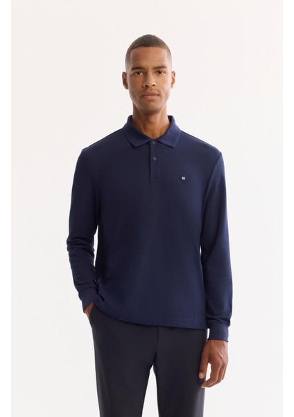 Erkek Lacivert Polo Yaka Pamuklu Basic Slim Fit Sweatshirt B001080