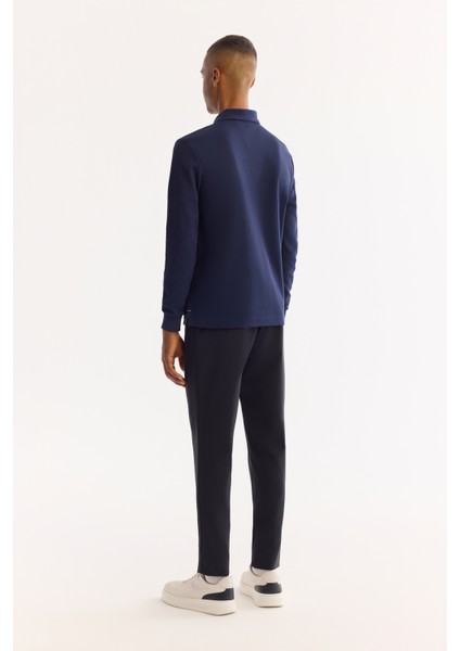 Erkek Lacivert Polo Yaka Pamuklu Basic Slim Fit Sweatshirt B001080