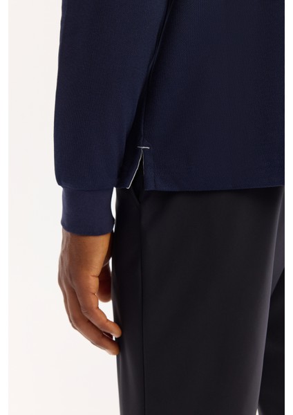 Erkek Lacivert Polo Yaka Pamuklu Basic Slim Fit Sweatshirt B001080