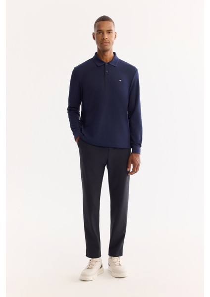Erkek Lacivert Polo Yaka Pamuklu Basic Slim Fit Sweatshirt B001080