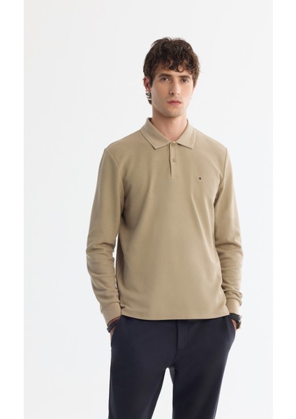 Erkek Vizon Polo Yaka Pamuklu Basic Slim Fit Sweatshirt B001080