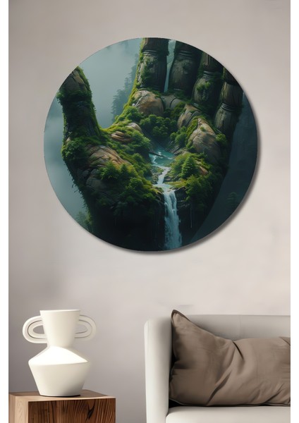 Yeşil Orman Elinden Çağlayanlar Ahşap Dekoratif Tablo Yuvarlak Tablo
