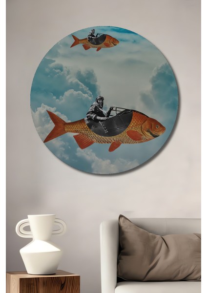 Gökyüzünde Uçan Balıklar Yağlı Boya Görünümlü Ahşap Dekoratif Tablo Yuvarlak Tablo